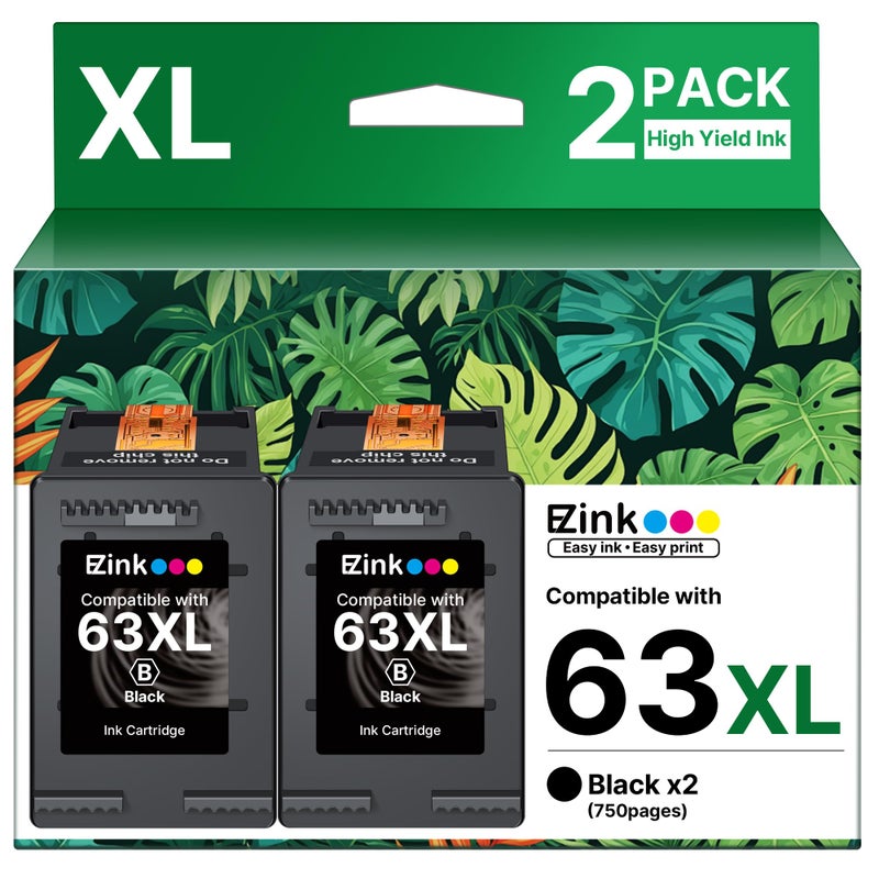 E-Z Ink 63XL Black Ink Cartridge Remanufactured 63XL 63 Ink Replacement for HP Ink 63 HP63 HP63XL to Use with HP OfficeJet 3830 4650 4655 5255 5258 5200 Envy 4520 4512 DeskJJet 1112 2130 (2 Black) - Image 1
